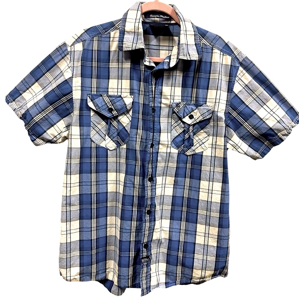 South Pole Cotton Y2K Hexagon Blue Plaid Button Up Short Sleeve Pocket Shirt L